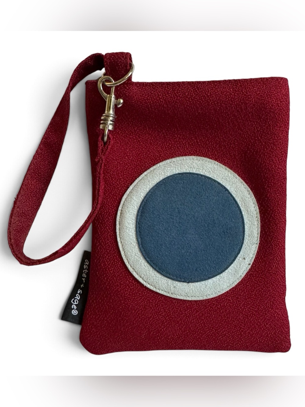 Aster Sage Red Wristlet Pouch Faux Suede Circle Snap Frame Mod Boho Evil Eye USA